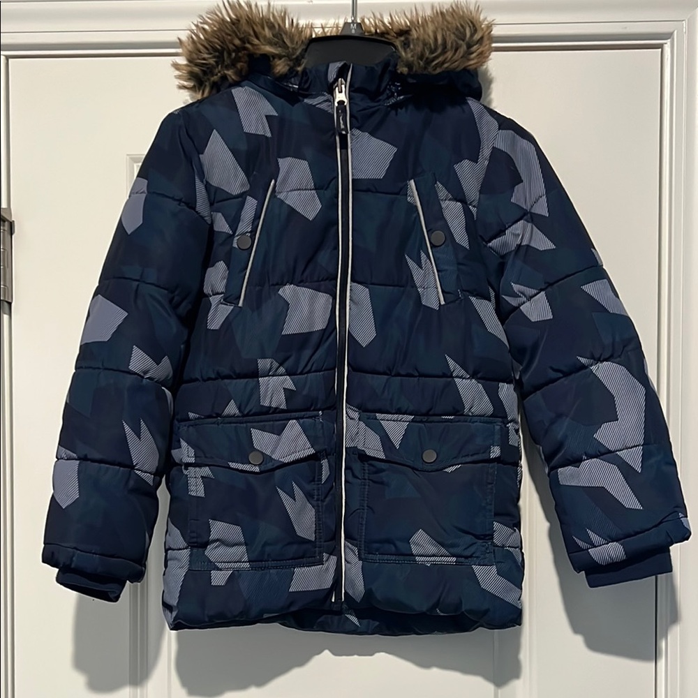 Navy Camouflage Kids Puffer Jacket with Faux Fur Hood